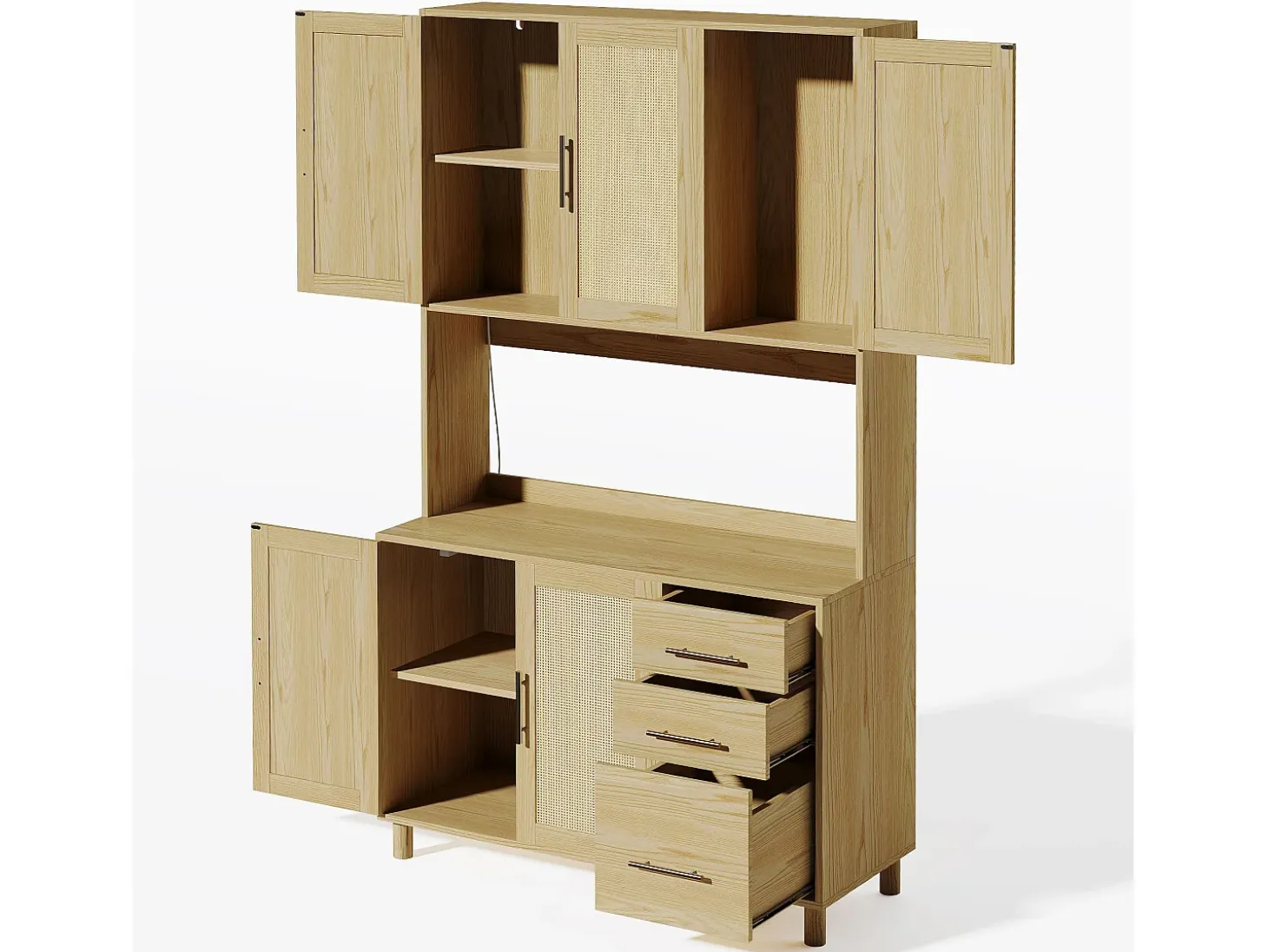 Aparador Natural - Aparador con 3 Cajones y 5 Puertas - estantes ajustables y carga USB - para comedor