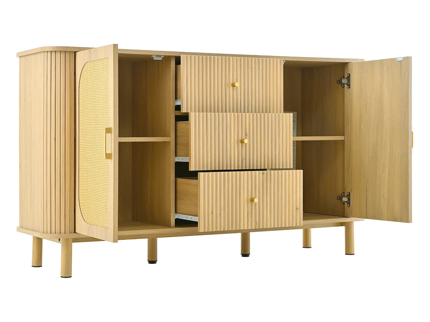 Aparador natural claro con 3 cajones y 2 puertas de ratán, patas de metal efecto madera, 140x40x80cm
