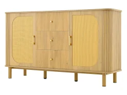 Aparador natural claro con 3 cajones y 2 puertas de ratán, patas de metal efecto madera, 140x40x80cm