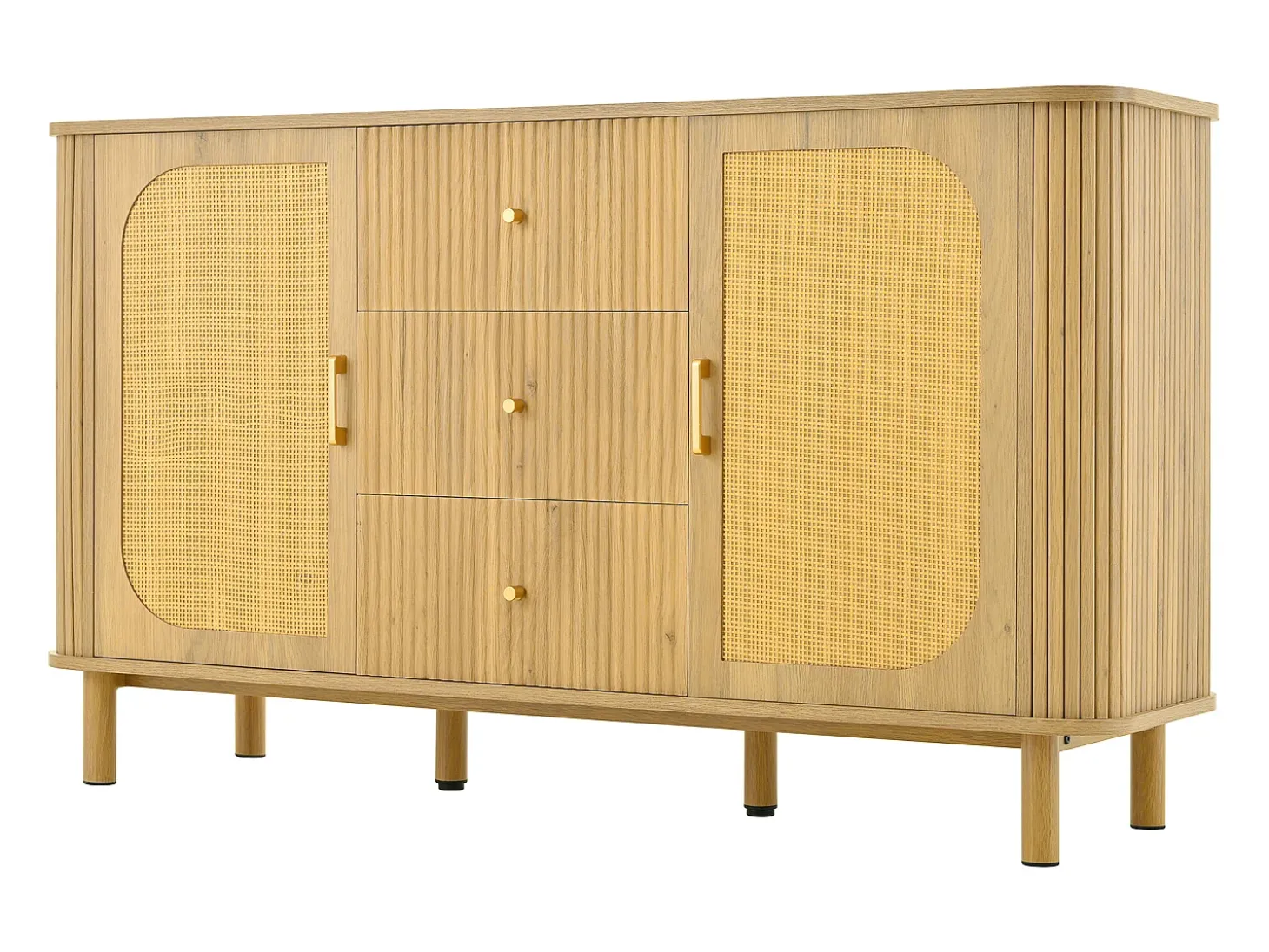 Aparador natural claro con 3 cajones y 2 puertas de ratán, patas de metal efecto madera, 140x40x80cm