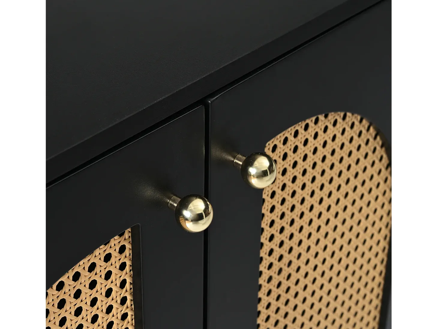 Aparador Negro - Aparador con 4 puertas de ratán y tiradores de metal - para comedor y salón