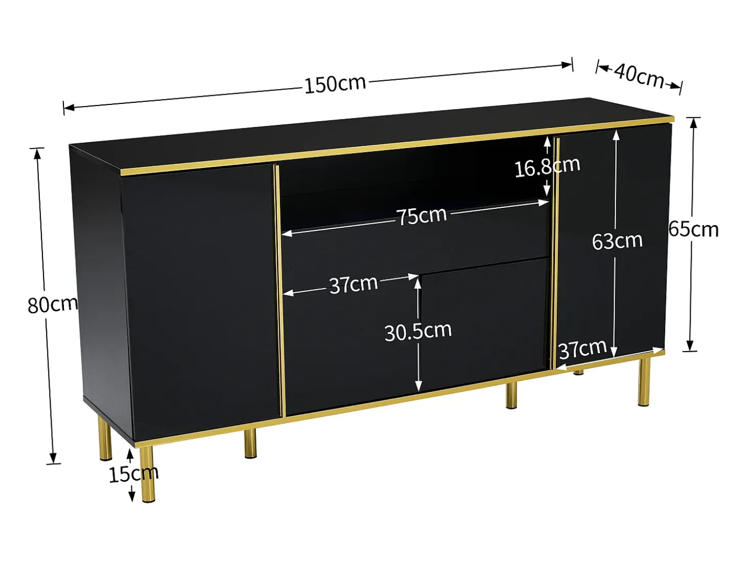 Aparador negro, Aparador de alto brillo con 4 puertas y 1 cajón, iluminación LED, para salón y comedor