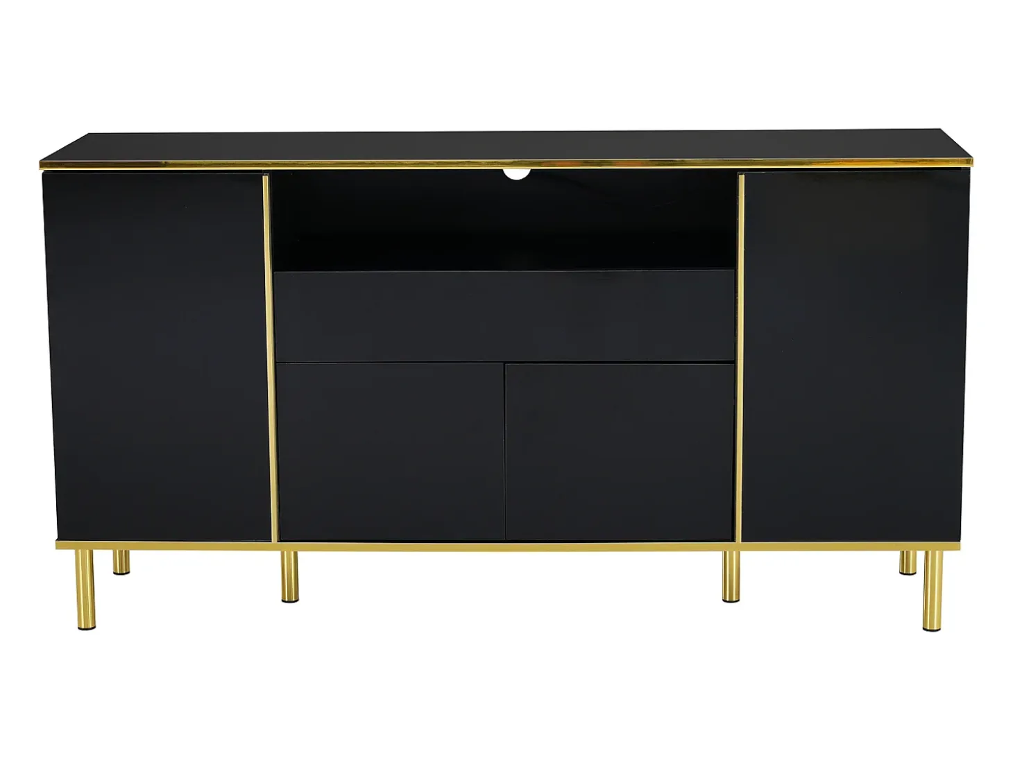 Aparador negro, Aparador de alto brillo con 4 puertas y 1 cajón, iluminación LED, para salón y comedor