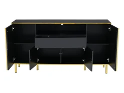 Aparador negro, Aparador de alto brillo con 4 puertas y 1 cajón, iluminación LED, para salón y comedor