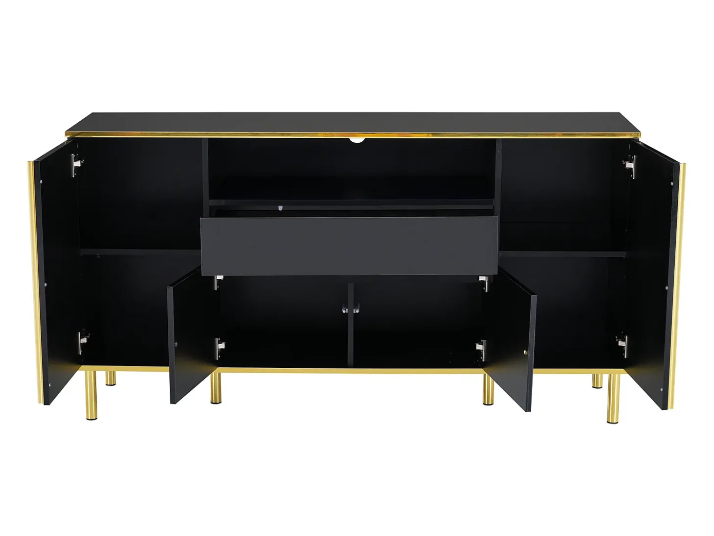 Aparador negro, Aparador de alto brillo con 4 puertas y 1 cajón, iluminación LED, para salón y comedor
