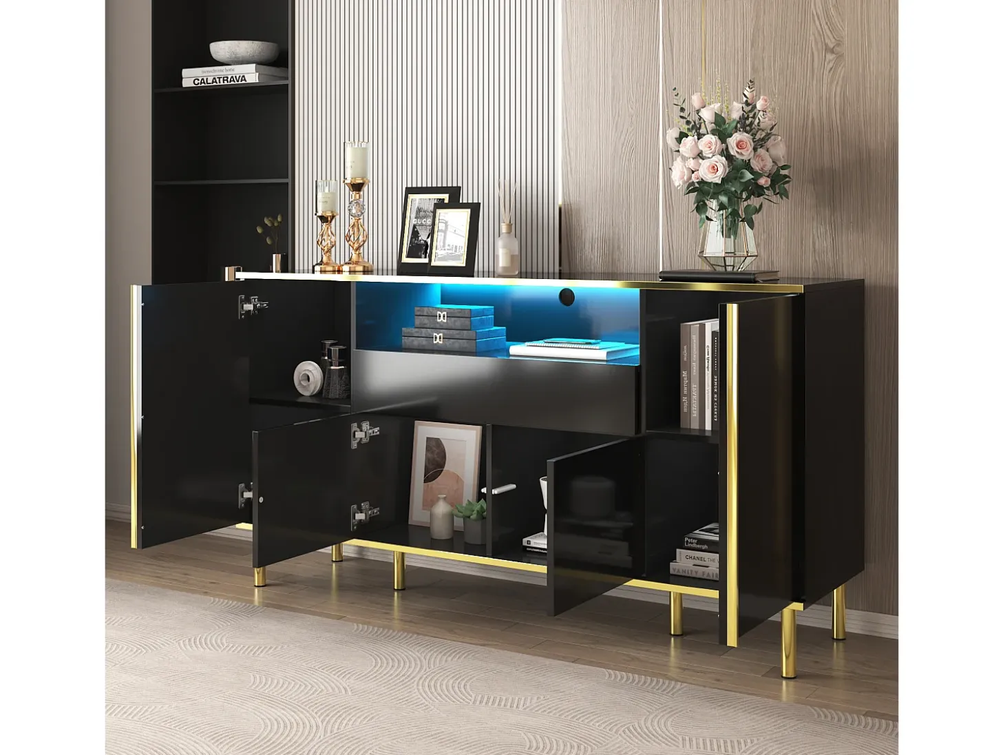 Aparador negro, Aparador de alto brillo con 4 puertas y 1 cajón, iluminación LED, para salón y comedor