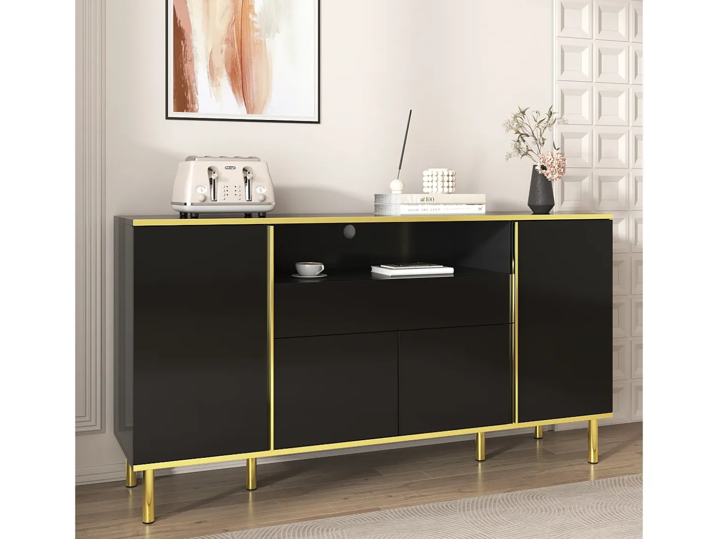 Aparador negro, Aparador de alto brillo con 4 puertas y 1 cajón, iluminación LED, para salón y comedor