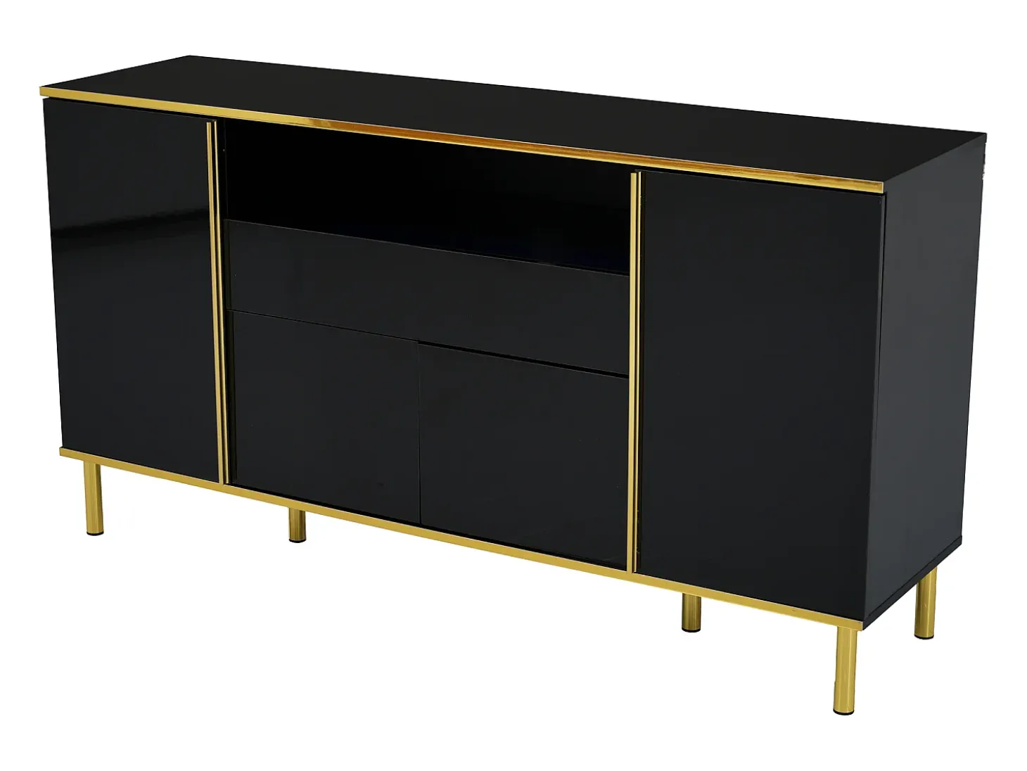 Aparador negro, Aparador de alto brillo con 4 puertas y 1 cajón, iluminación LED, para salón y comedor
