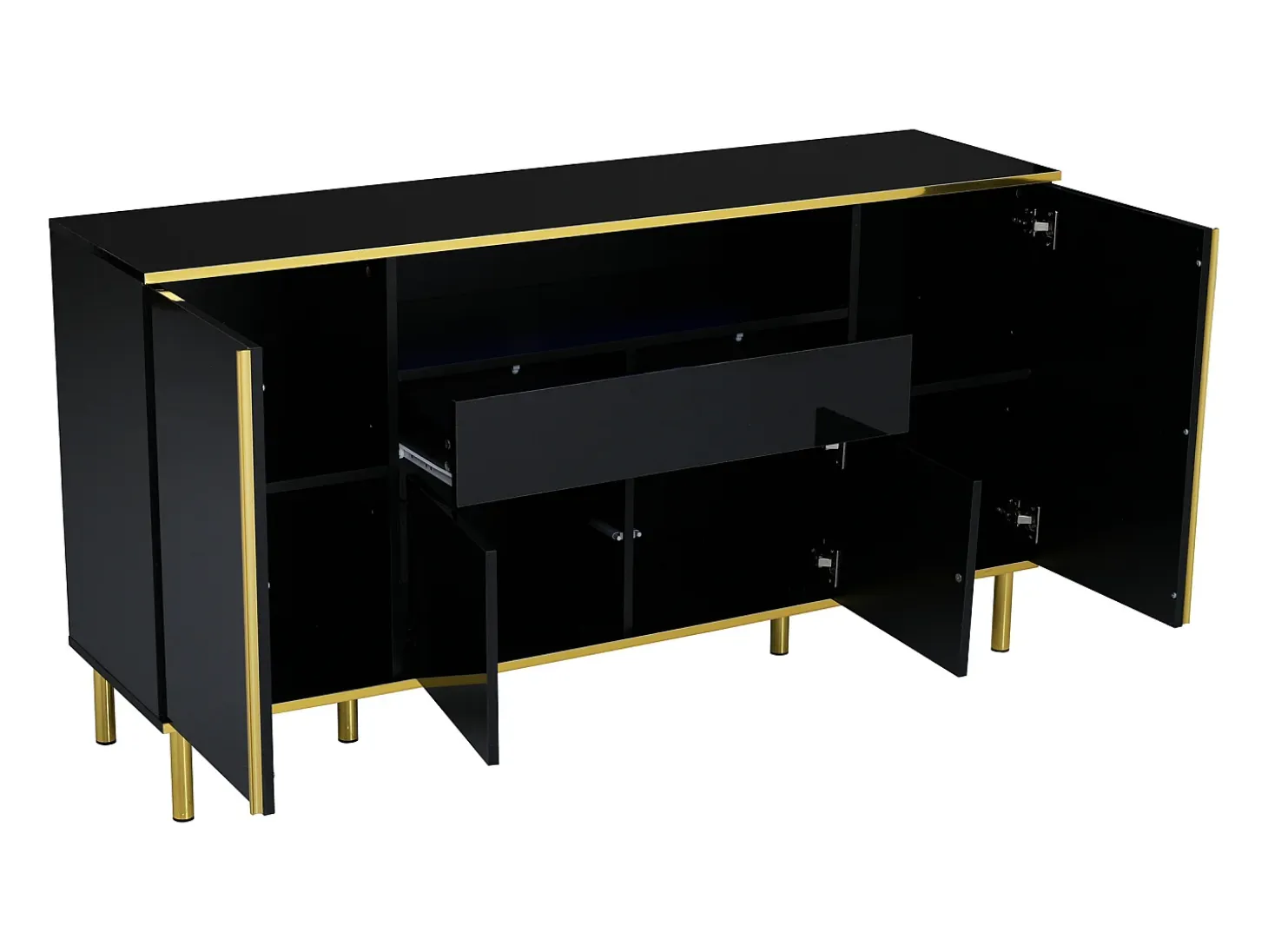 Aparador negro, Aparador de alto brillo con 4 puertas y 1 cajón, iluminación LED, para salón y comedor