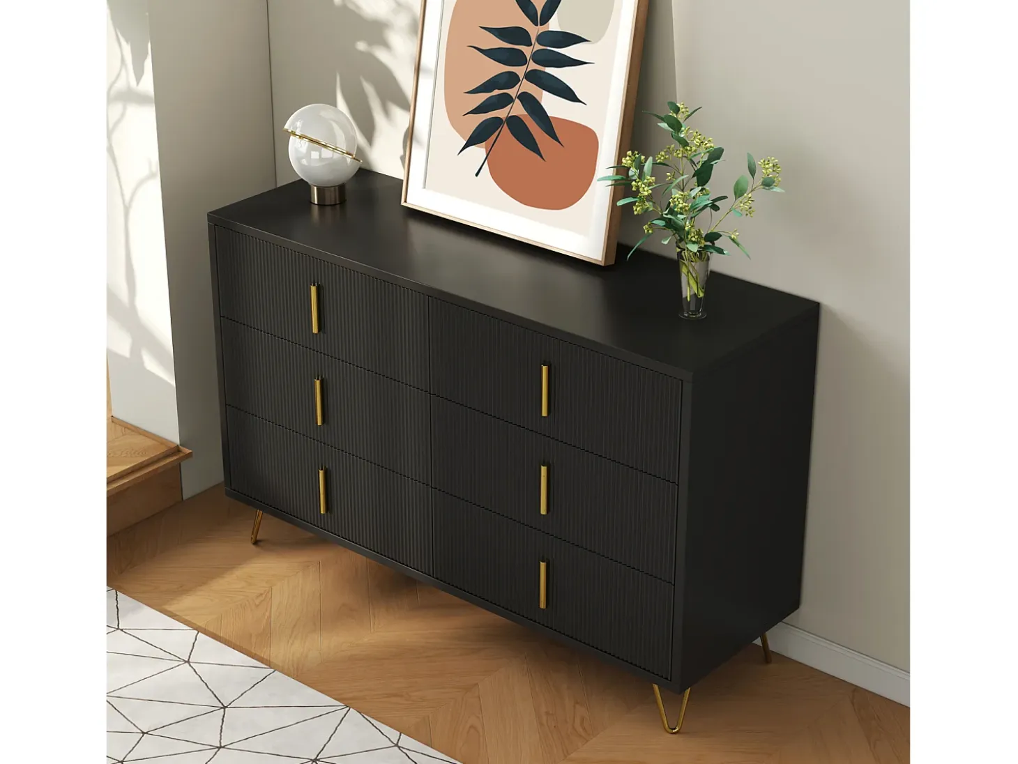 Aparador negro con 6 cajones, cómoda esquinera moderna, ideal para dormitorio, sala de estar u oficina.