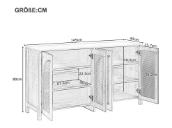 Aparador negro con 4 puertas de ratán y estantes regulables, tiradores de metal, para salón y comedor