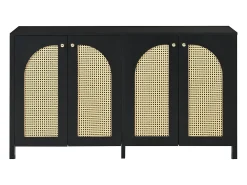 Aparador negro con 4 puertas de ratán y estantes regulables, tiradores de metal, para salón y comedor