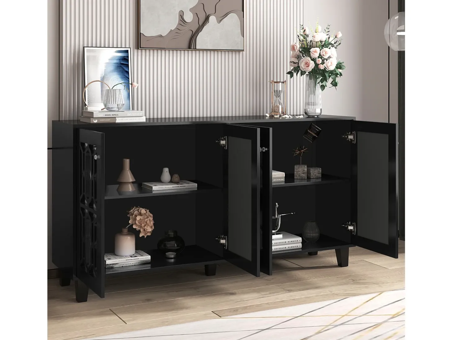 Aparador negro con puertas de espejo, 4 puertas, cristales, MDF, negro (160x40x84 cm)