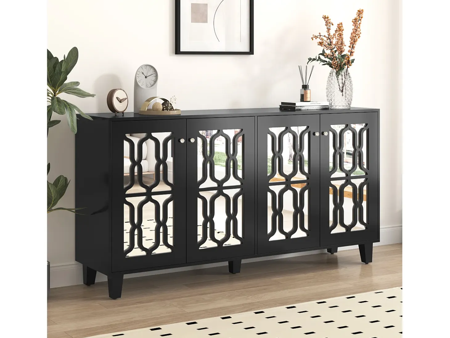 Aparador negro con puertas de espejo, 4 puertas, cristales, MDF, negro (160x40x84 cm)