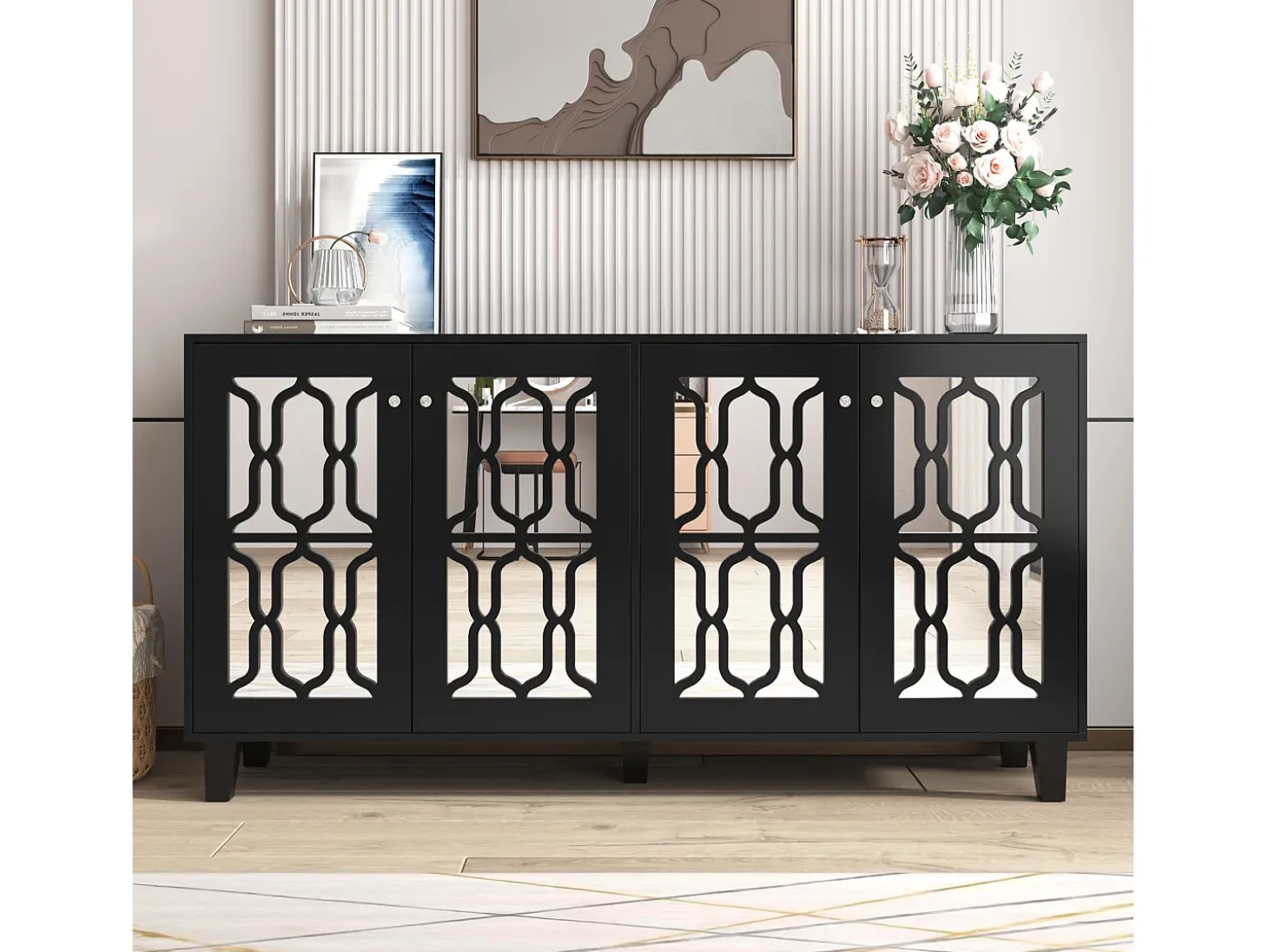 Aparador negro con puertas de espejo, 4 puertas, cristales, MDF, negro (160x40x84 cm)