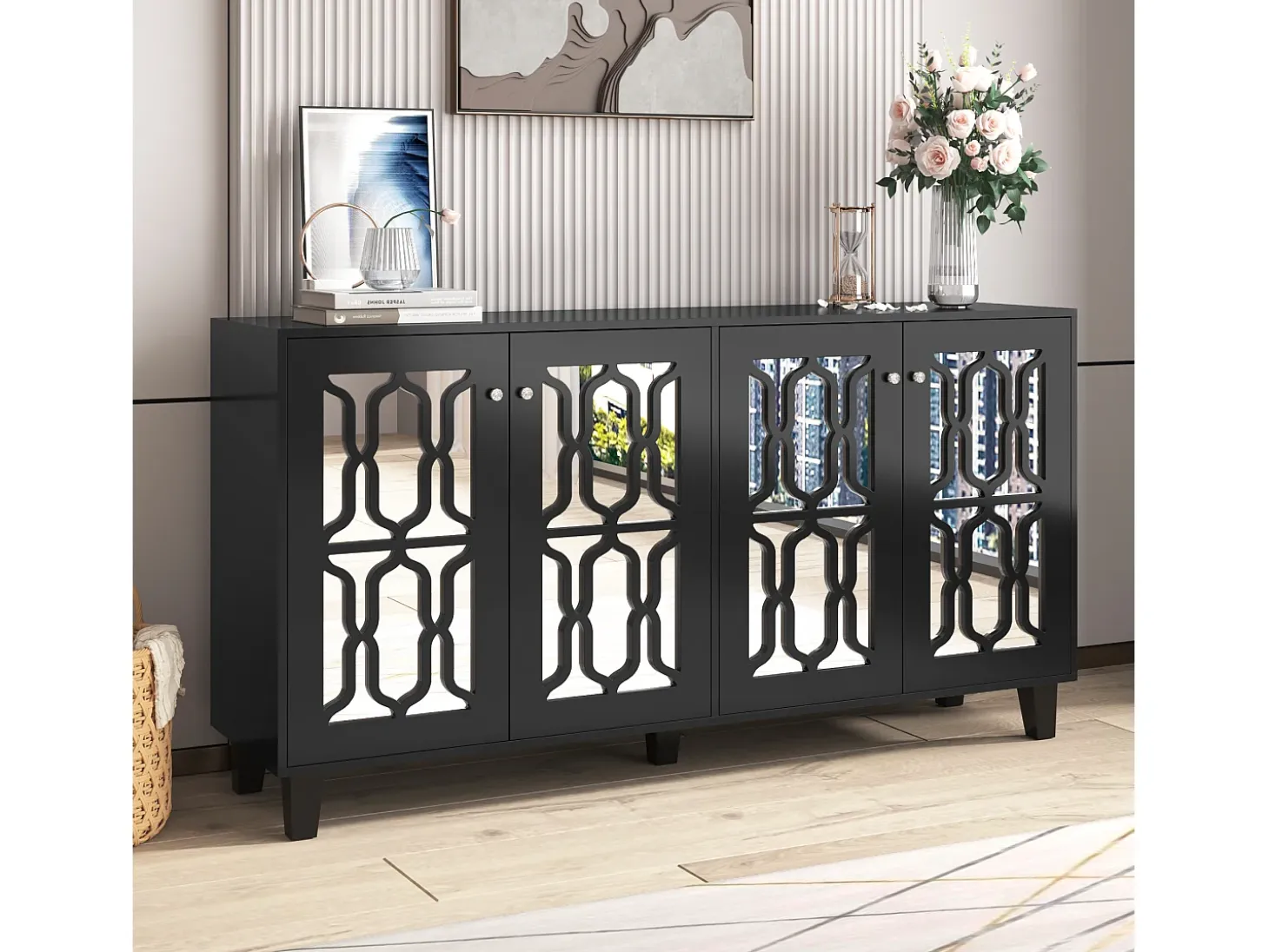 Aparador negro con puertas de espejo, 4 puertas, cristales, MDF, negro (160x40x84 cm)
