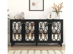 Aparador negro con puertas de espejo, 4 puertas, cristales, MDF, negro (160x40x84 cm)