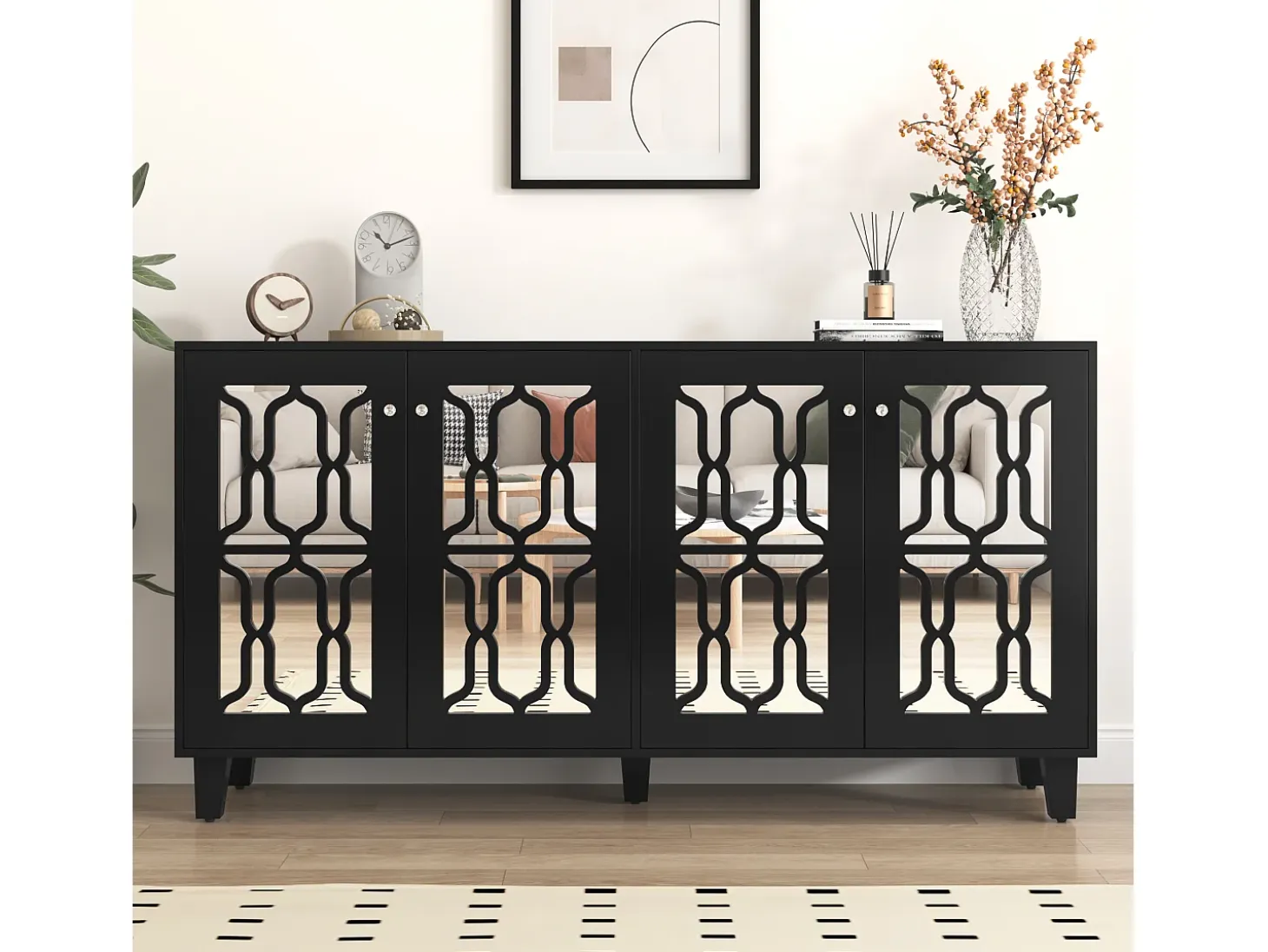 Aparador negro con puertas de espejo, 4 puertas, cristales, MDF, negro (160x40x84 cm)