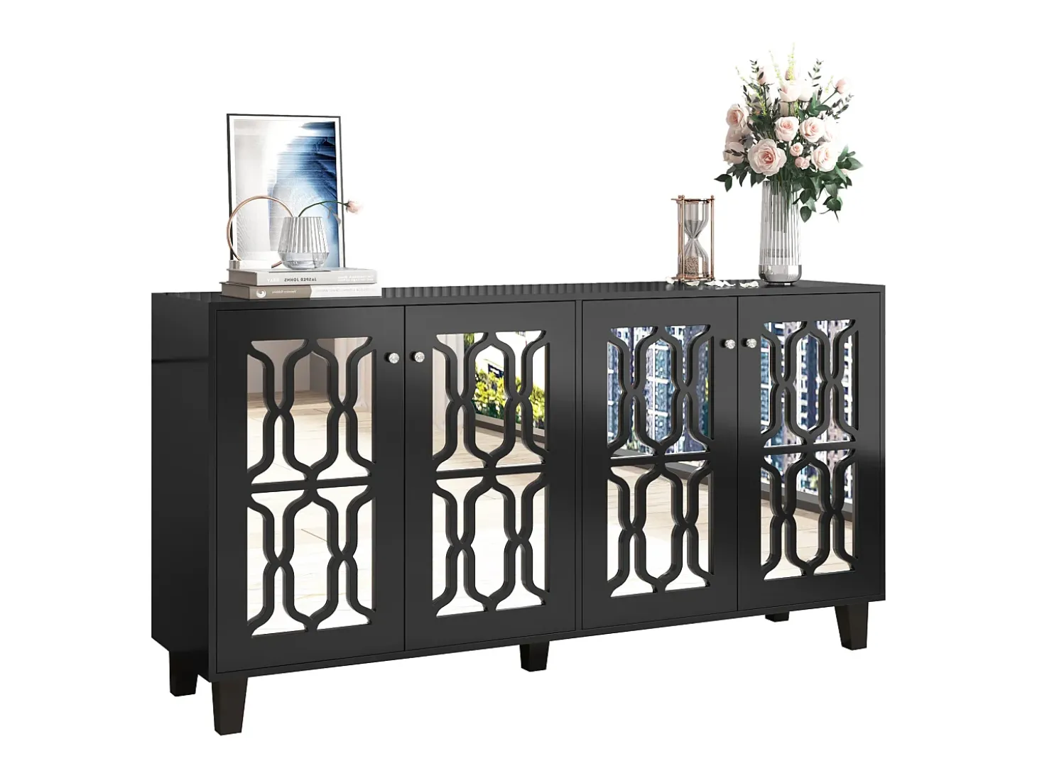 Aparador negro con puertas de espejo, 4 puertas, cristales, MDF, negro (160x40x84 cm)