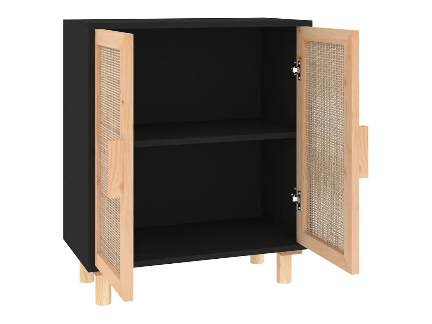 Aparador Negro 60x30x70 cm Madera maciza de pino y ratán natural
