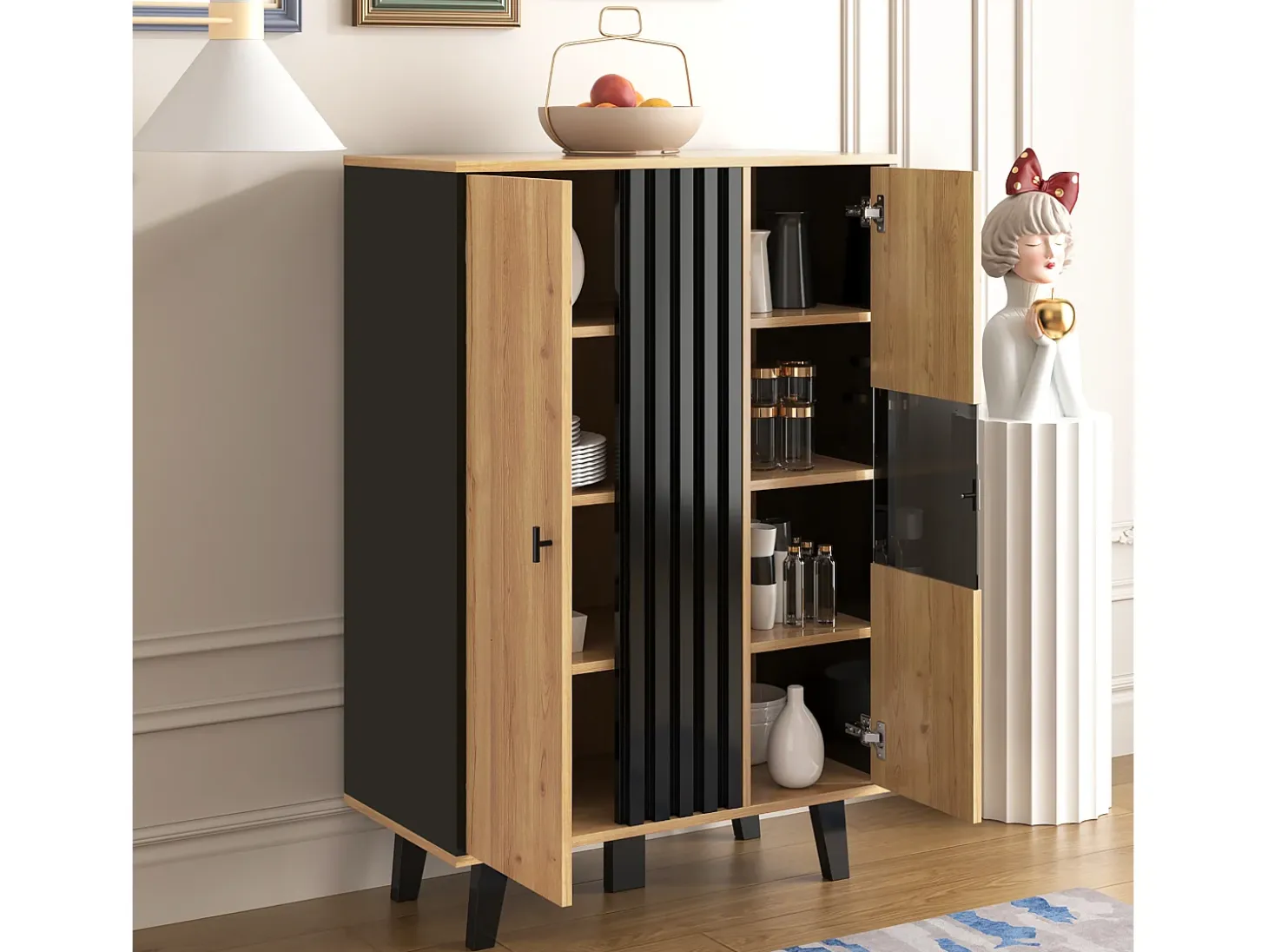 Aparador negro y madera 80x40x120cm con 2 puertas e iluminación LED