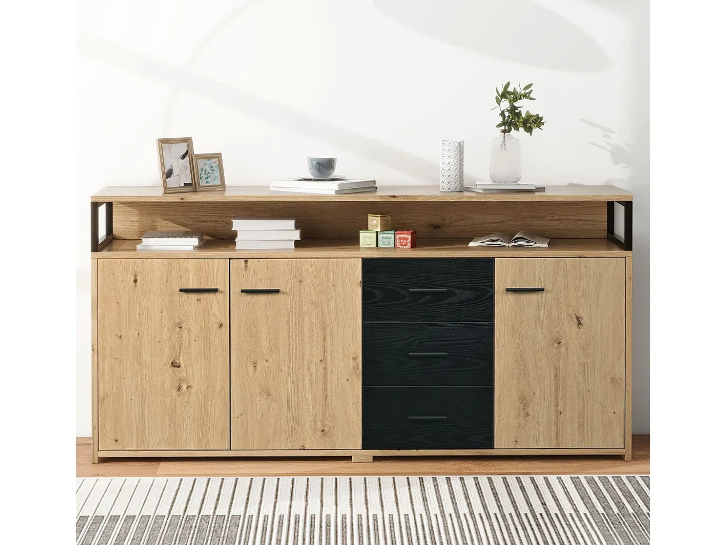 Aparador negro-marrón con 3 puertas y 3 cajones 150 x 35 x 75,9 cm, tablero de partículas