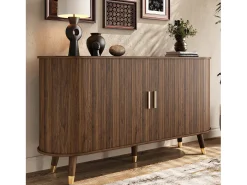 Aparador oval 140x40x79,5 cm - 2 puertas correderas y 2 cajones - Estantes regulables - Patas de madera maciza - MDF - Marrón
