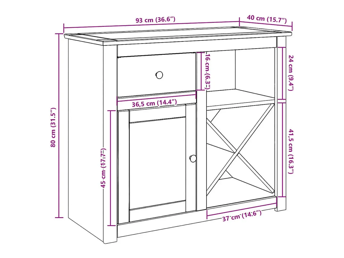 Aparador Panamá con cajón 93x40x80 cm madera maciza de pino