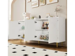 Aparador para salón - 160 x 40 x 80 cm - con 4 puertas + patas lacadas + tiradores de metal dorado - aglomerado - blanco