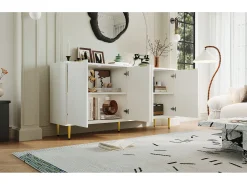 Aparador para salón - 160 x 40 x 80 cm - con 4 puertas + patas lacadas + tiradores de metal dorado - aglomerado - blanco