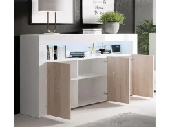 Aparador para Salón comedor en Blanco y Sonoma con LED 155x37x91,5cm Aker
