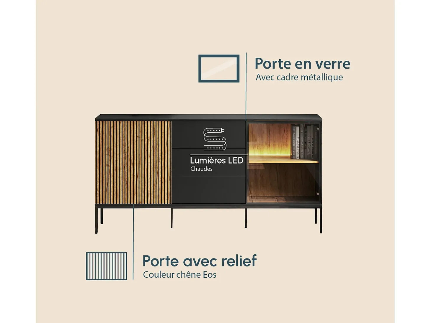 Aparador para Salón comedor en Color Negro y Roble Eos con LED 153,4x39x83cm Lux