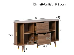 Aparador redondeado con veta vertical - 140 x 40 x 79,5 cm - con 2 puertas correderas + 2 cajones - MDF - marrón