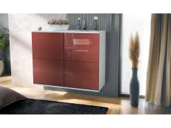 Aparador Rova V3 – Armario de cocina moderno con 4 puertas Push-to-Open blanco mate / burdeos de alto brillo (92,5 x 73.5 x 35)