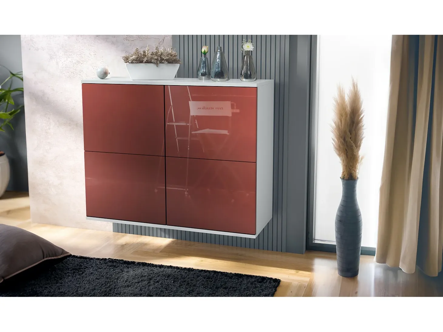 Aparador Rova V3 – Armario de cocina moderno con 4 puertas Push-to-Open blanco mate / burdeos de alto brillo (92,5 x 73.5 x 35)