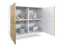 Aparador Rova V3 – Armario de cocina moderno con 4 puertas Push-to-Open blanco mate / burdeos de alto brillo (92,5 x 73.5 x 35)