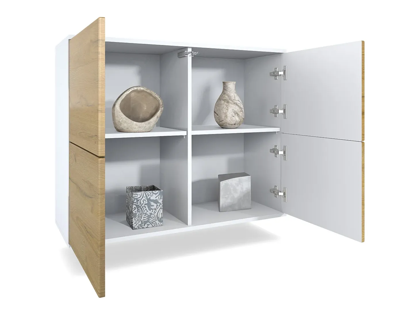 Aparador Rova V3 – Armario de cocina moderno con 4 puertas Push-to-Open blanco mate / burdeos de alto brillo (92,5 x 73.5 x 35)