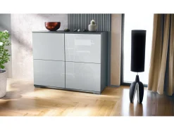 Aparador Rova V3 – Armario de cocina moderno con 4 puertas Push-to-Open antracita mate / blanco de alto brillo (92,5 x 75.5 x 35)