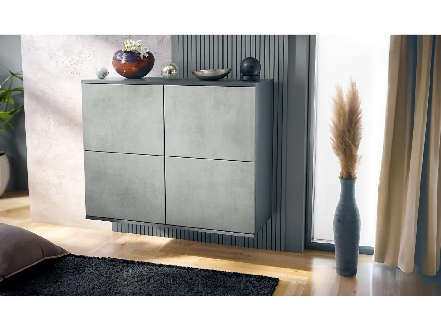 Aparador Rova V3 – Armario de cocina moderno con 4 puertas Push-to-Open antracita mate / hormigón oxidado (92,5 x 73.5 x 35)