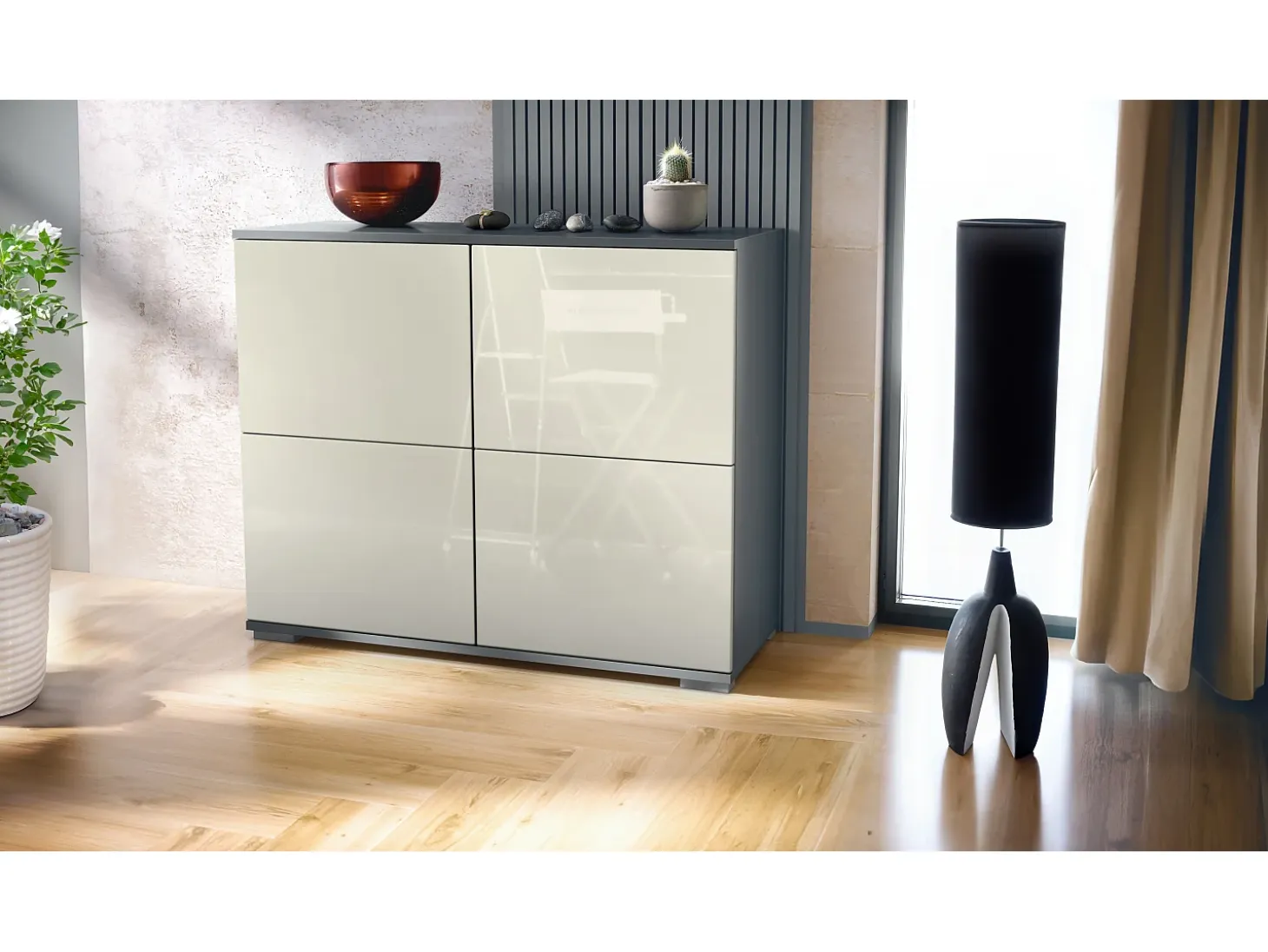 Aparador Rova V3 – Armario de cocina moderno con 4 puertas Push-to-Open antracita mate / crema de alto brillo (92,5 x 75.5 x 35)