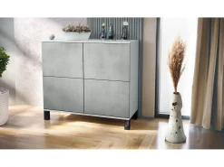 Aparador Rova V3 – Armario de cocina moderno con 4 puertas Push-to-Open blanco mate / hormigón oxidado (92,5 x 84.5 x 35)