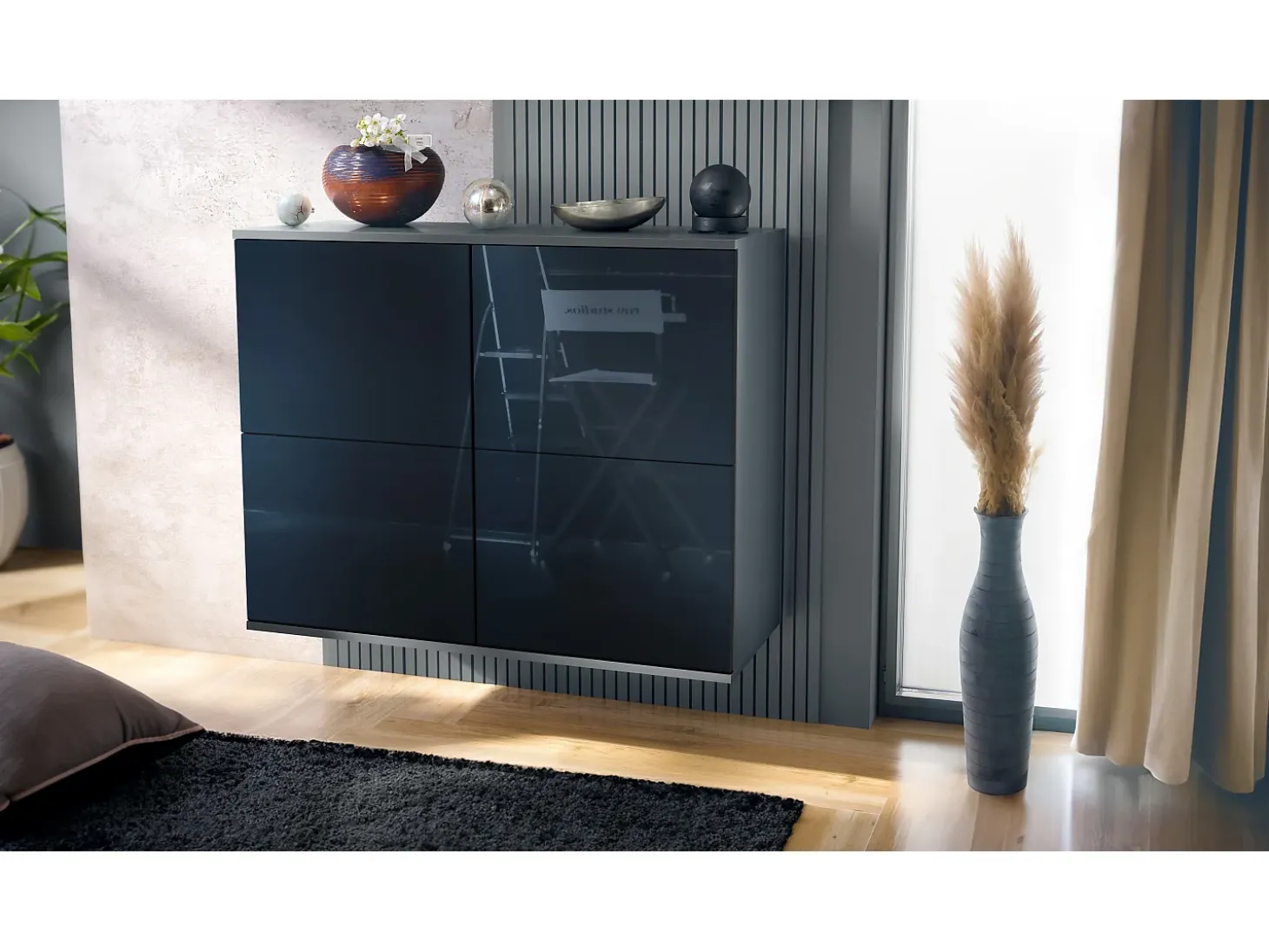 Aparador Rova V3 – Armario de cocina moderno con 4 puertas Push-to-Open antracita mate / negro de alto brillo (92,5 x 73.5 x 35)