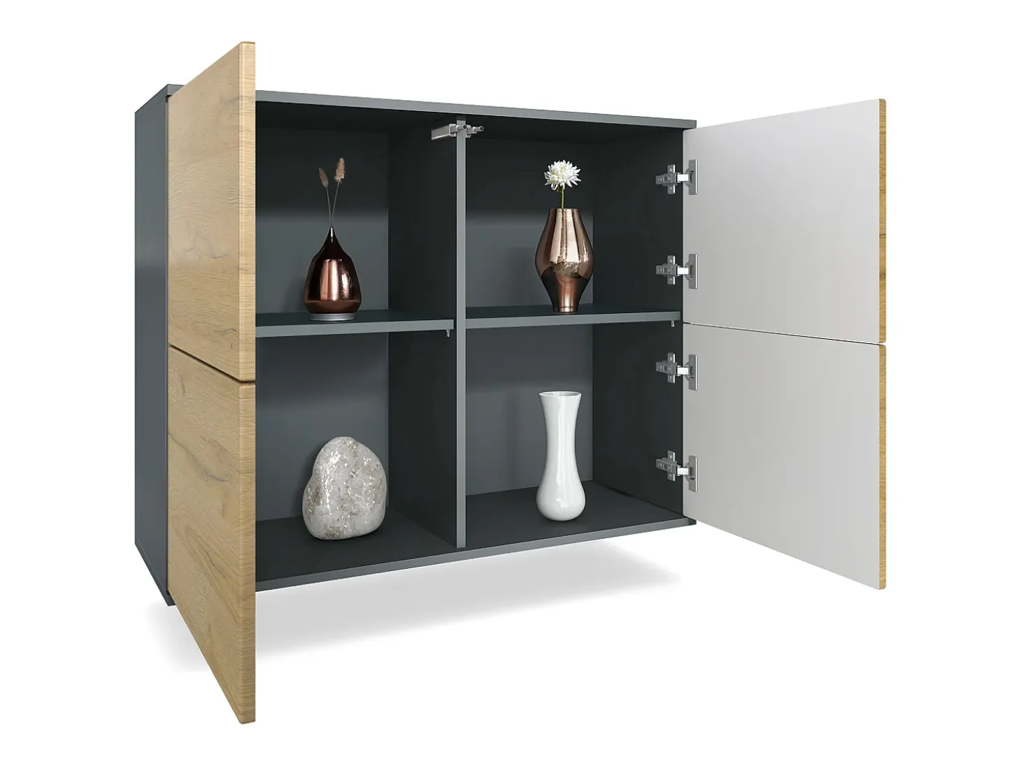 Aparador Rova V3 – Armario de cocina moderno con 4 puertas Push-to-Open antracita mate / negro de alto brillo (92,5 x 73.5 x 35)