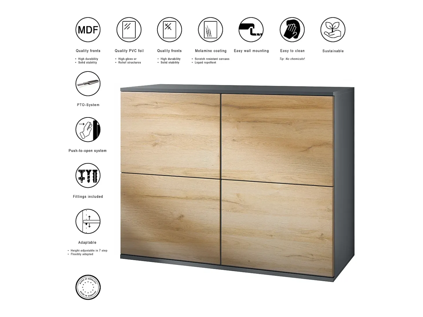 Aparador Rova V3 – Armario de cocina moderno con 4 puertas Push-to-Open antracita mate / negro de alto brillo (92,5 x 73.5 x 35)