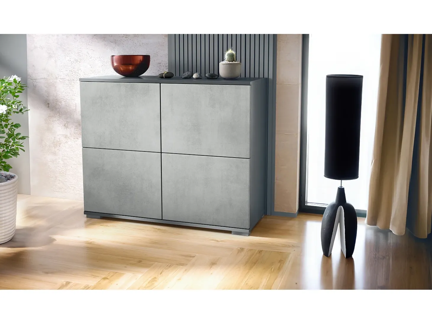 Aparador Rova V3 – Armario de cocina moderno con 4 puertas Push-to-Open antracita mate / hormigón oxidado (92,5 x 75.5 x 35)