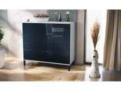 Aparador Rova V3 – Armario de cocina moderno con 4 puertas Push-to-Open blanco mate / negro de alto brillo (92,5 x 83.5 x 35)