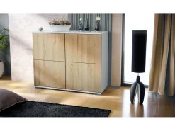 Aparador Rova V3 – Armario de cocina moderno con 4 puertas Push-to-Open blanco mate / roble natural (92,5 x 75.5 x 35)