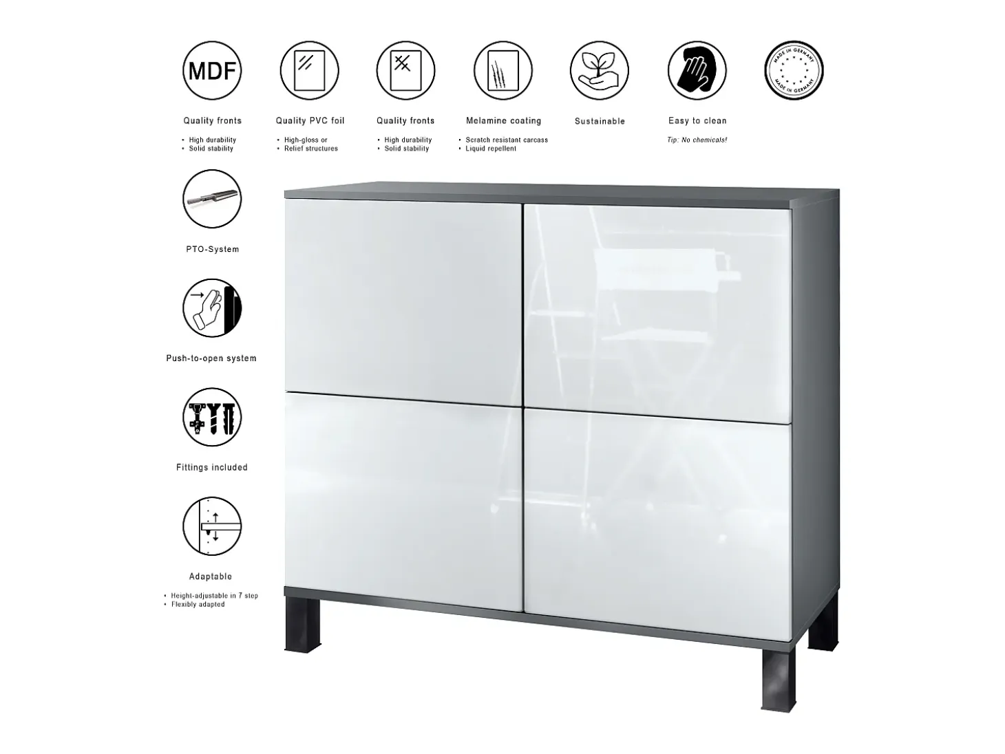 Aparador Rova V3 – Armario de cocina moderno con 4 puertas Push-to-Open antracita mate / crema de alto brillo (92,5 x 84.5 x 35)