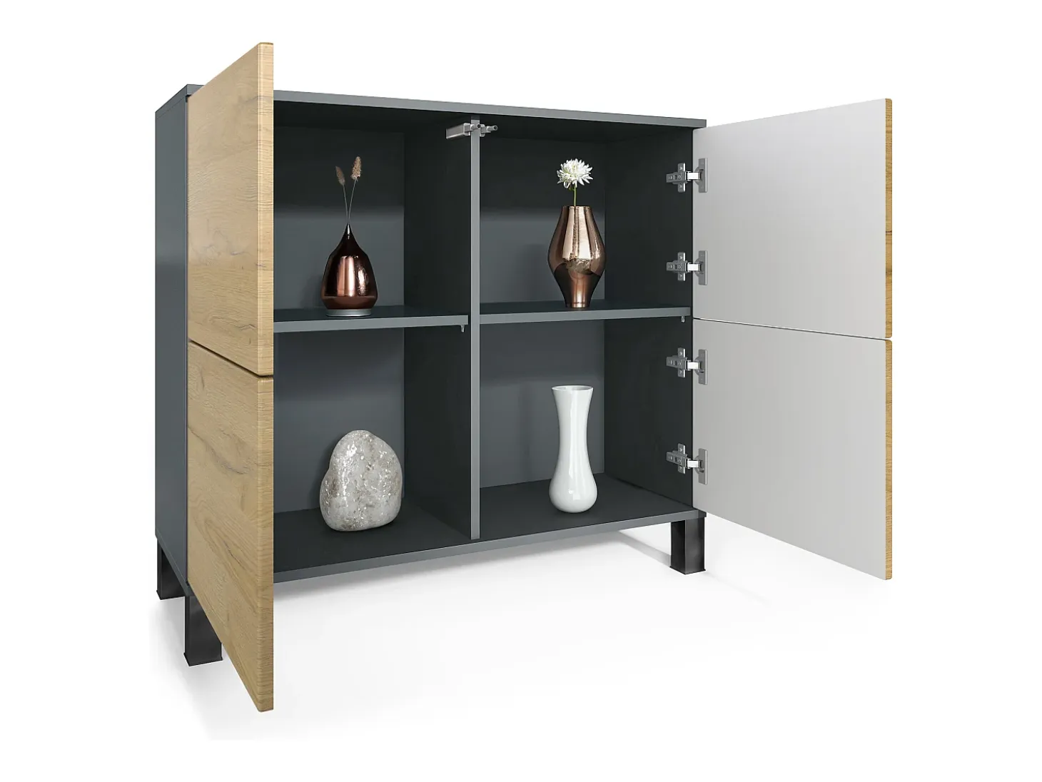 Aparador Rova V3 – Armario de cocina moderno con 4 puertas Push-to-Open antracita mate / blanco de alto brillo (92,5 x 84.5 x 35)