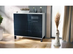 Aparador Rova V3 – Armario de cocina moderno con 4 puertas Push-to-Open blanco mate / negro de alto brillo (92,5 x 84.5 x 35)
